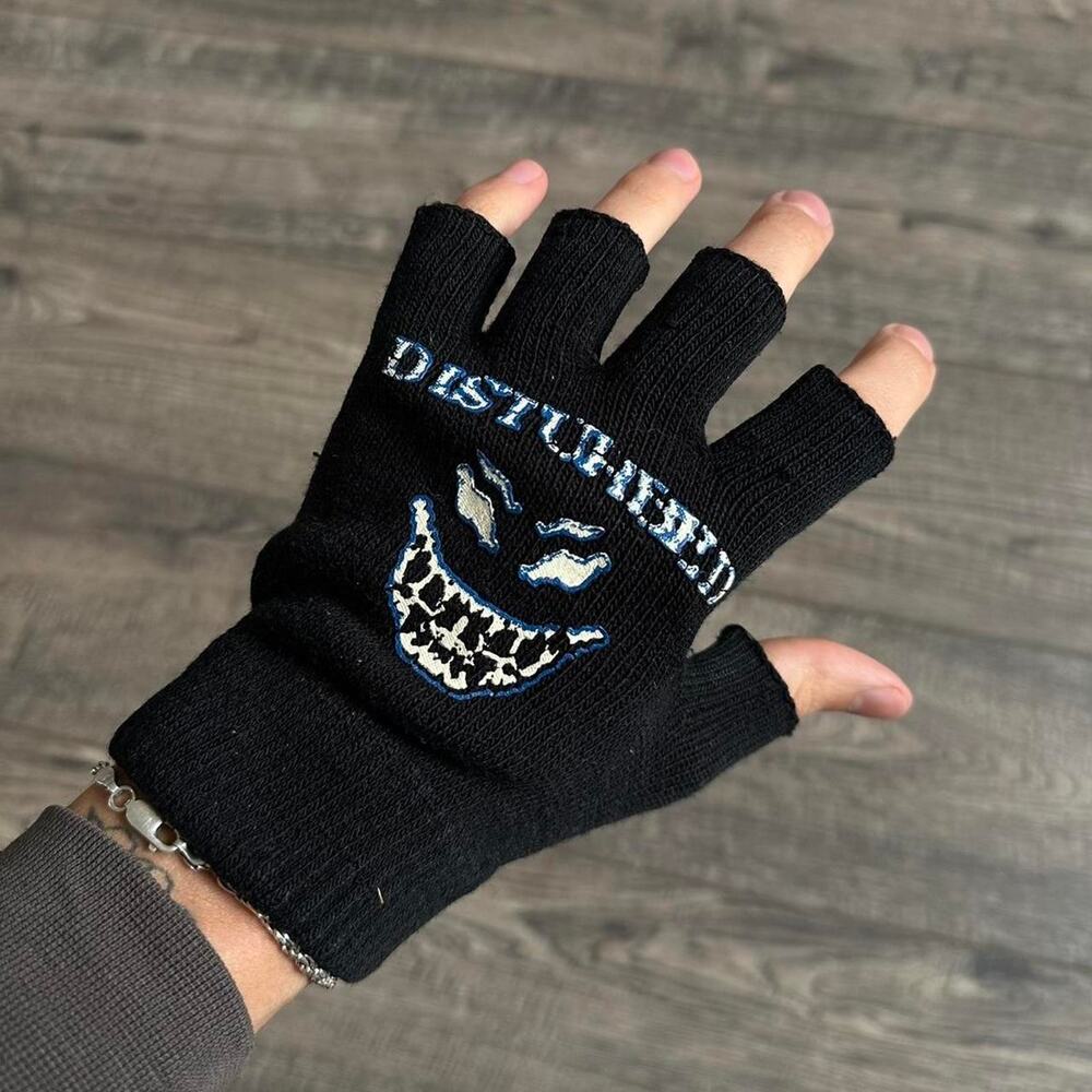 Vintage 00s Disturbed Rock Metal Punk Band Fingerless Gloves